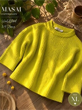MASAI Copenhagen Neon Lime Wool Blend Ribbed Sweater XL Cozy Scandinavian